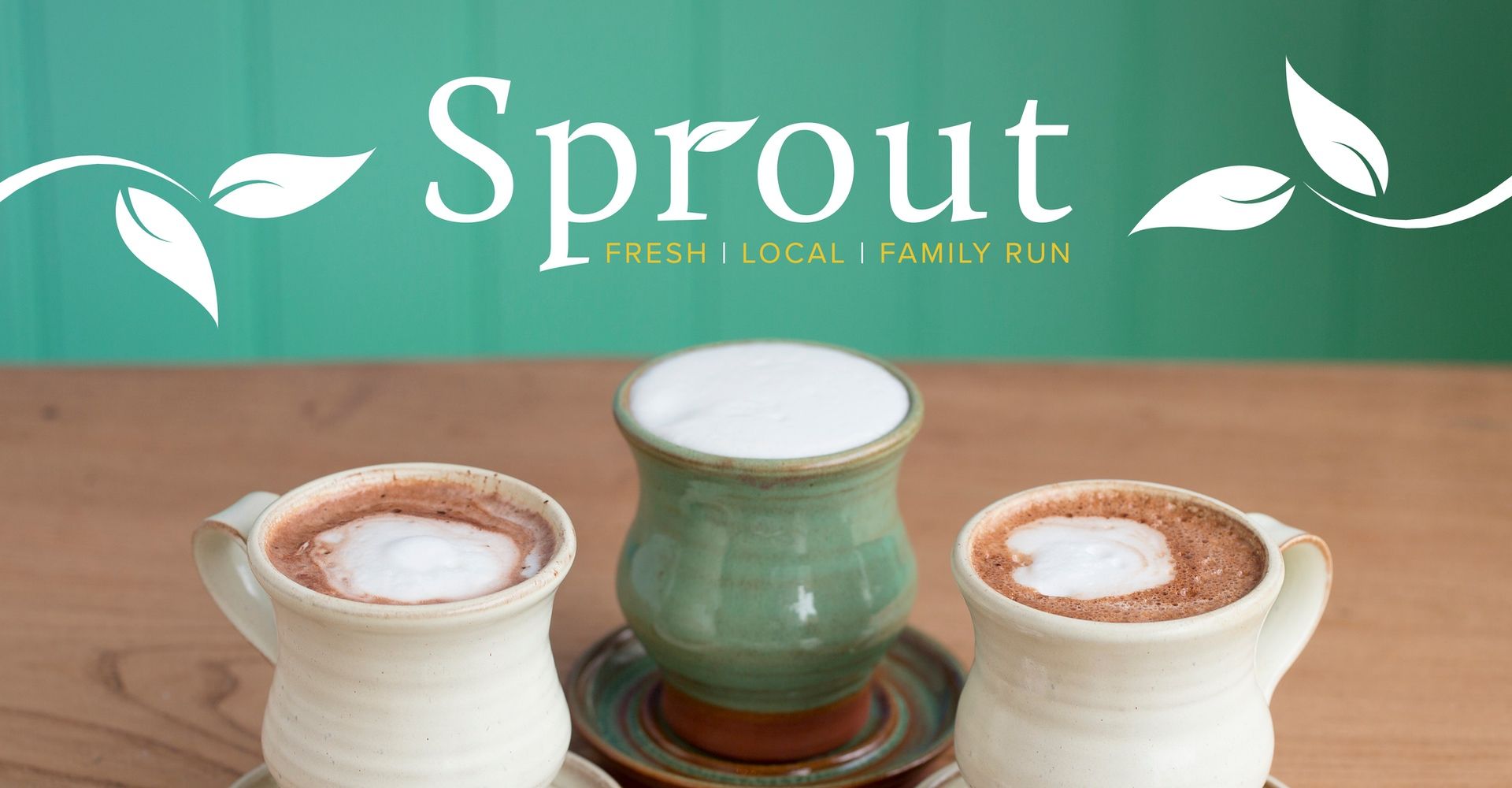 Sprout logo against green background above three full coffee cups.
