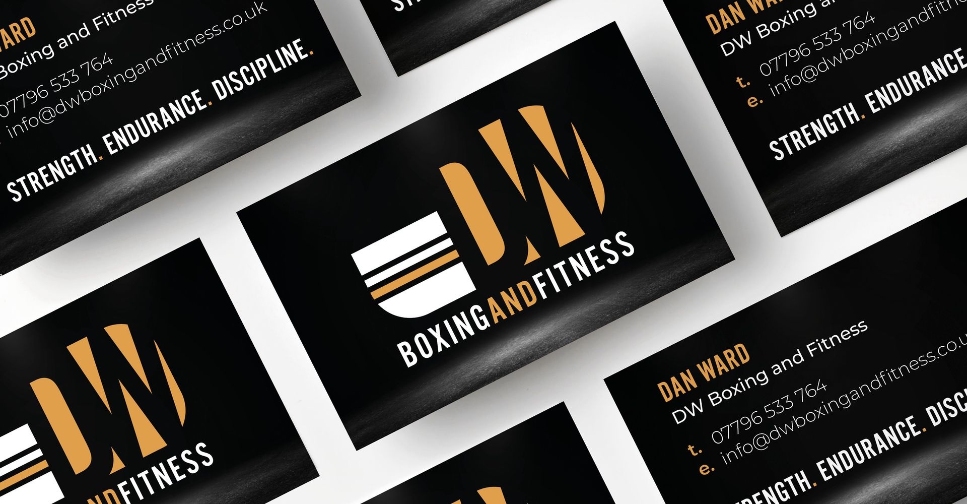 DW Boxing and Fitness business cards collage.