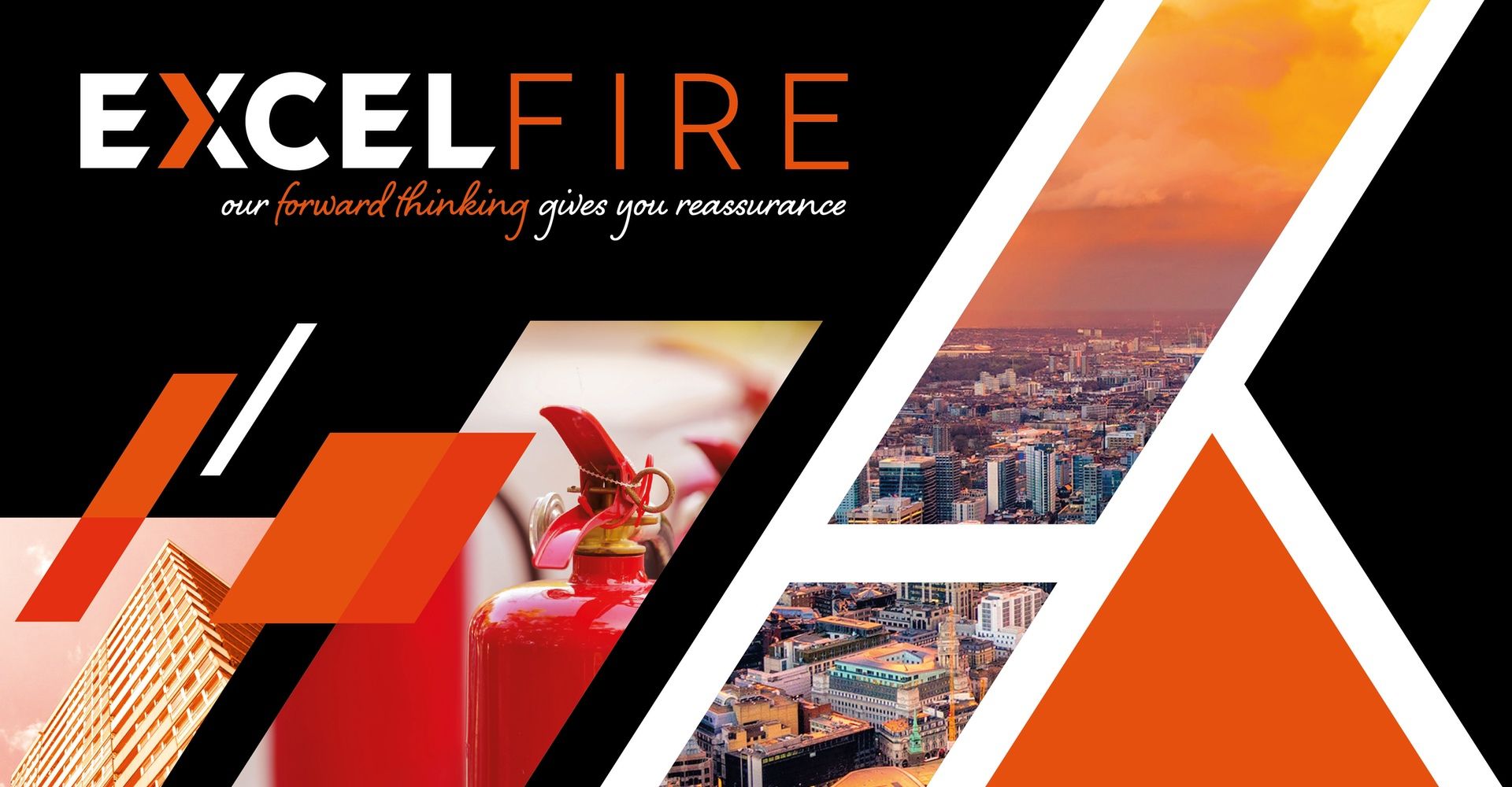 Excel Fire Limited branded images of fire extinguisher and view of city with orange tints.