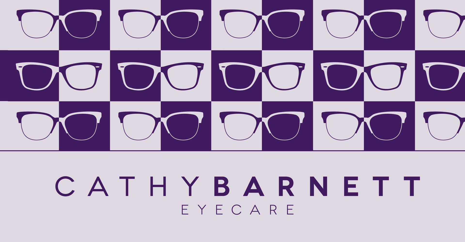 Grid of purple and grey squares with drawing of spectacles covering one of each colour above wording "Cathy Barnett, eyecare".